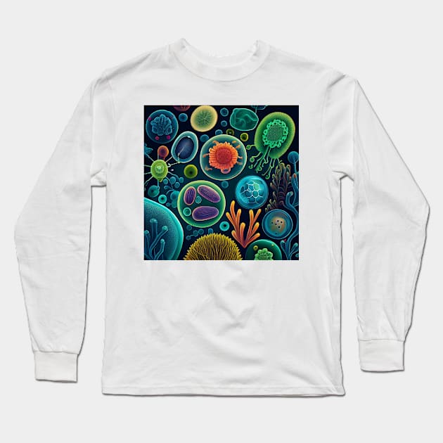 Retro microbiology bacteria and viruses against black background Long Sleeve T-Shirt by Danielleroyer